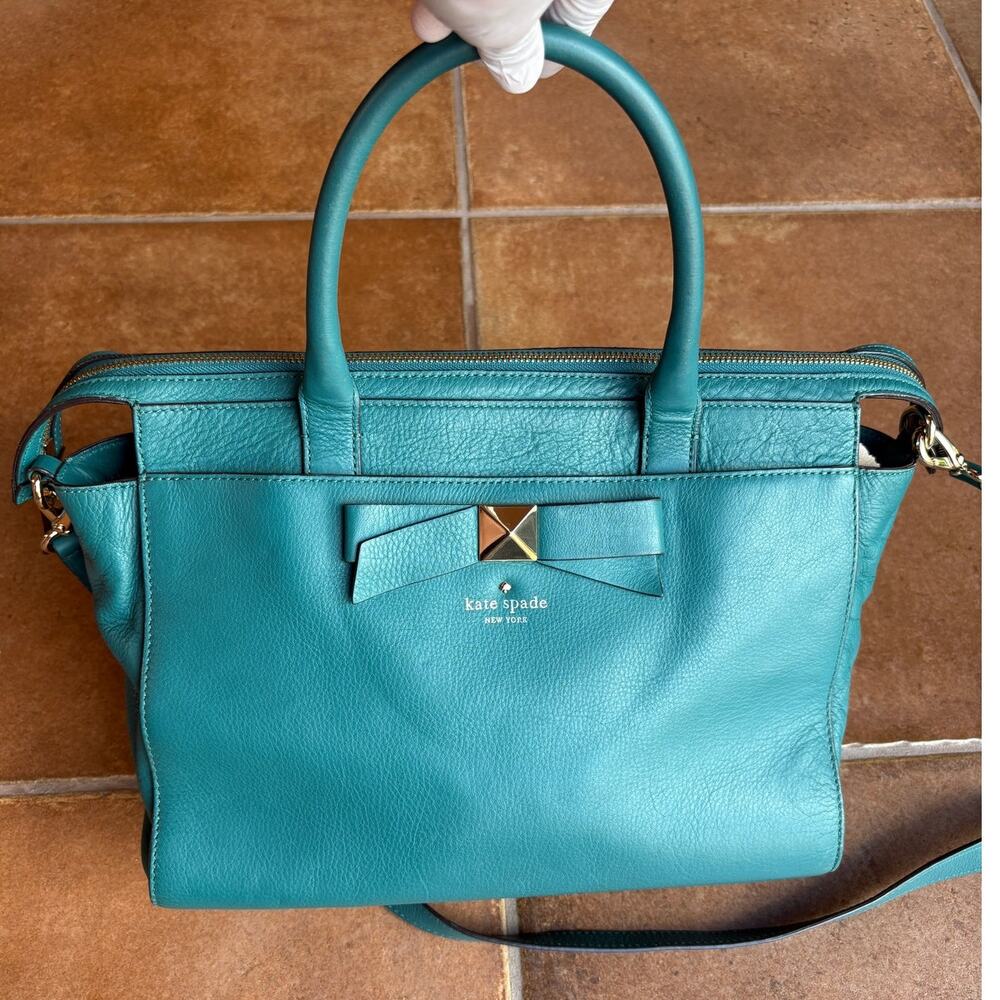 Kate Spade Teal Leather Handbag w Crossbody Strap + Bow "Hancock Park Jeanne"